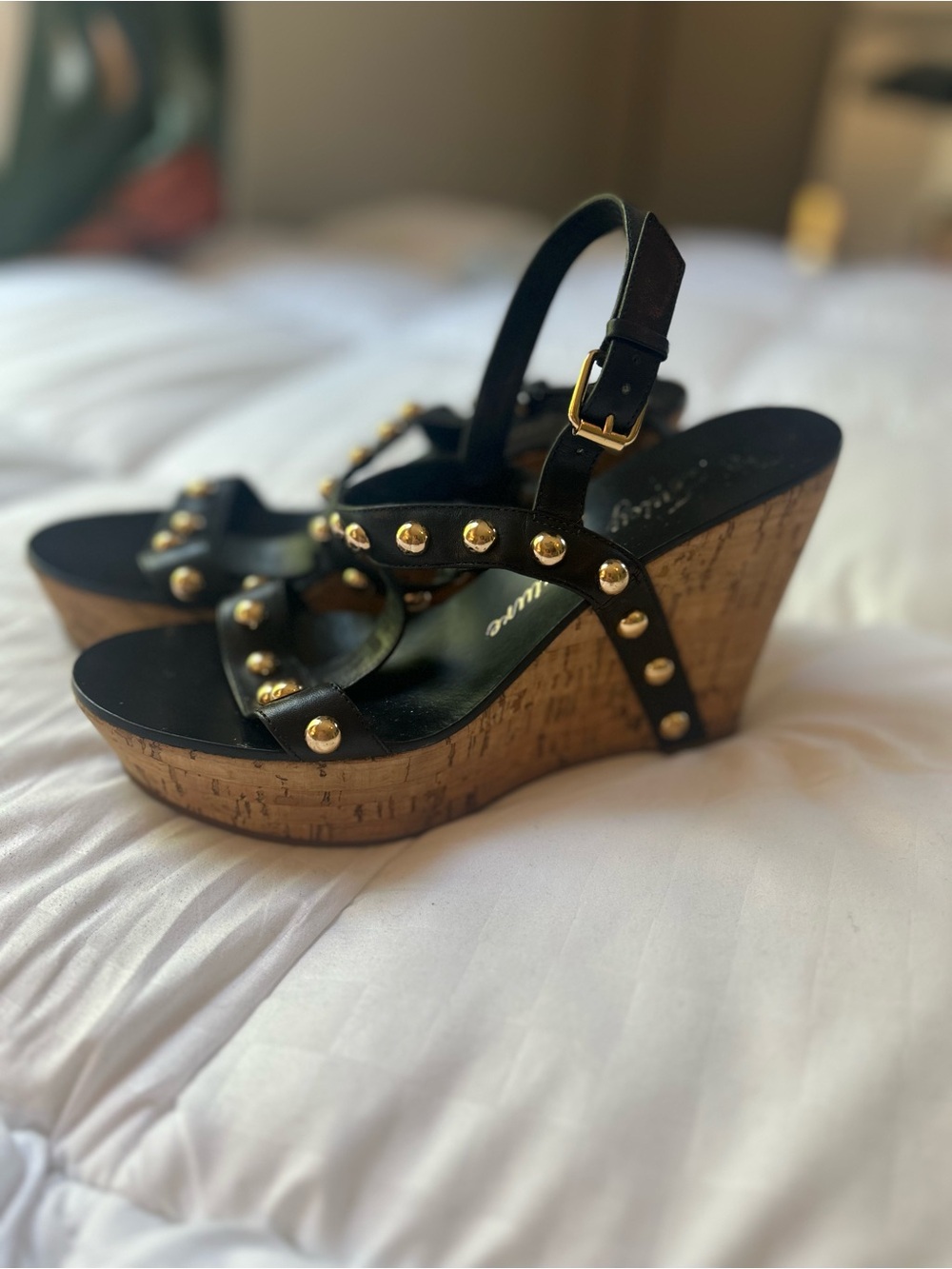Juicy Couture Black Wedge Sandals with Gold Studs